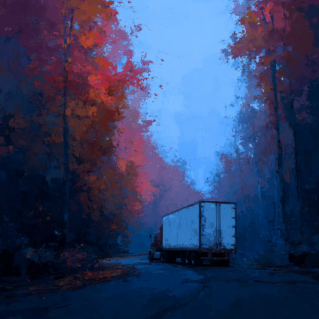 A painting of a truck on a forest road in autumn.