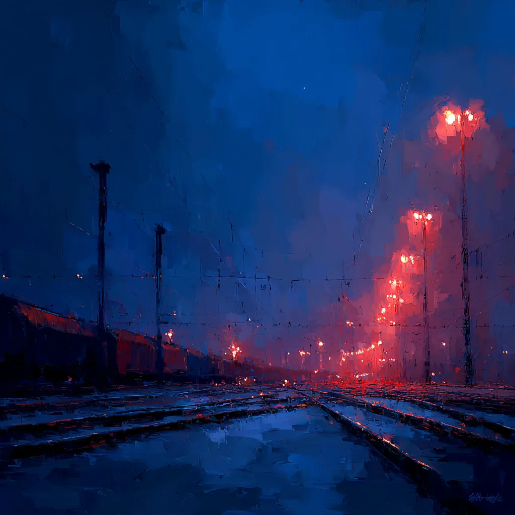 A painting of rail yards lit in red at dusk.