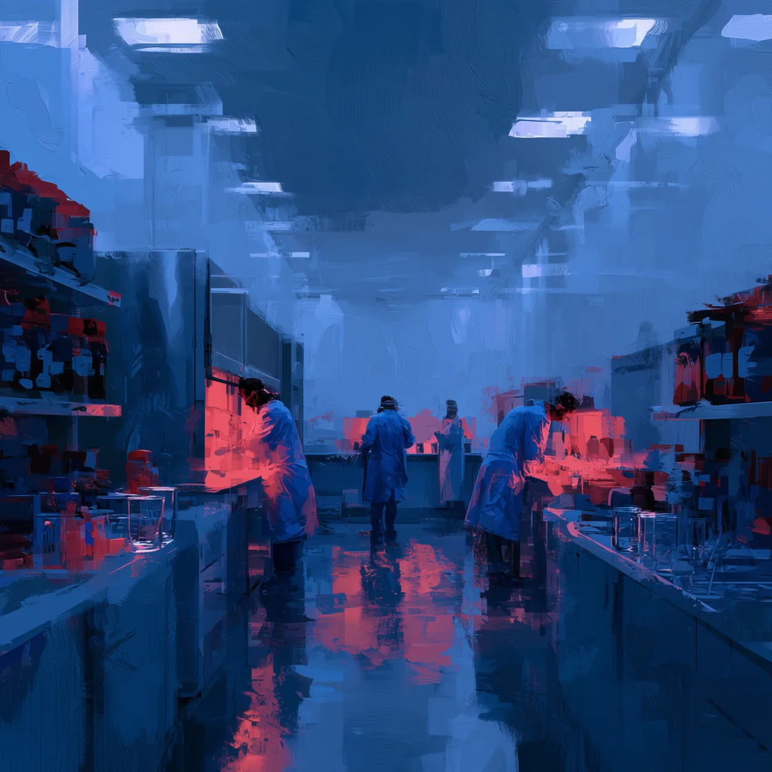 A painting of laboratory workers in protective clothing working at pharmaceutical laboratory benches.