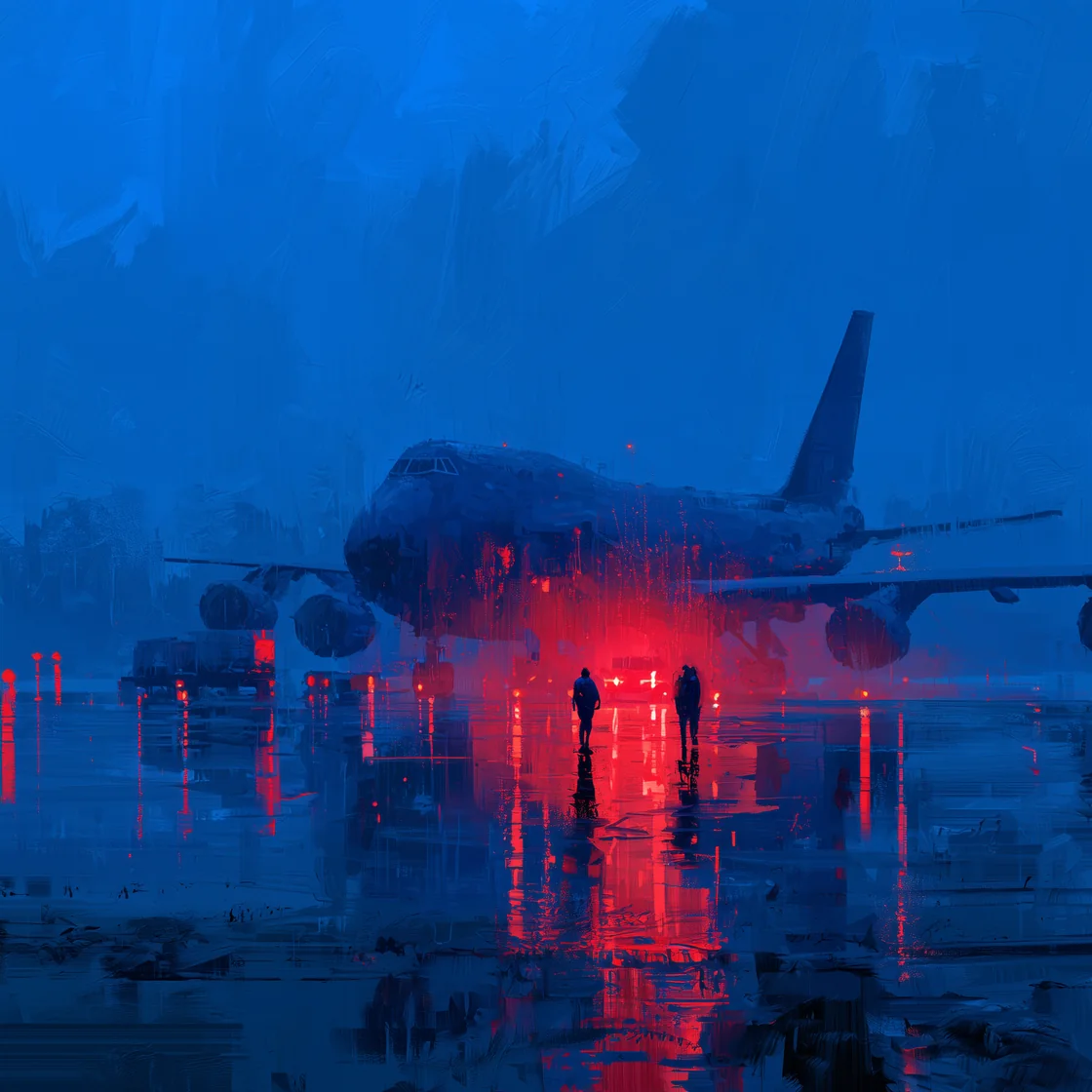 A painting of a freight aircraft and ground crew on a rain-soaked airport apron.