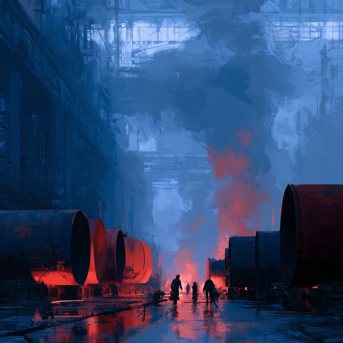 A painting of workers making metal pipes on a factory production line.