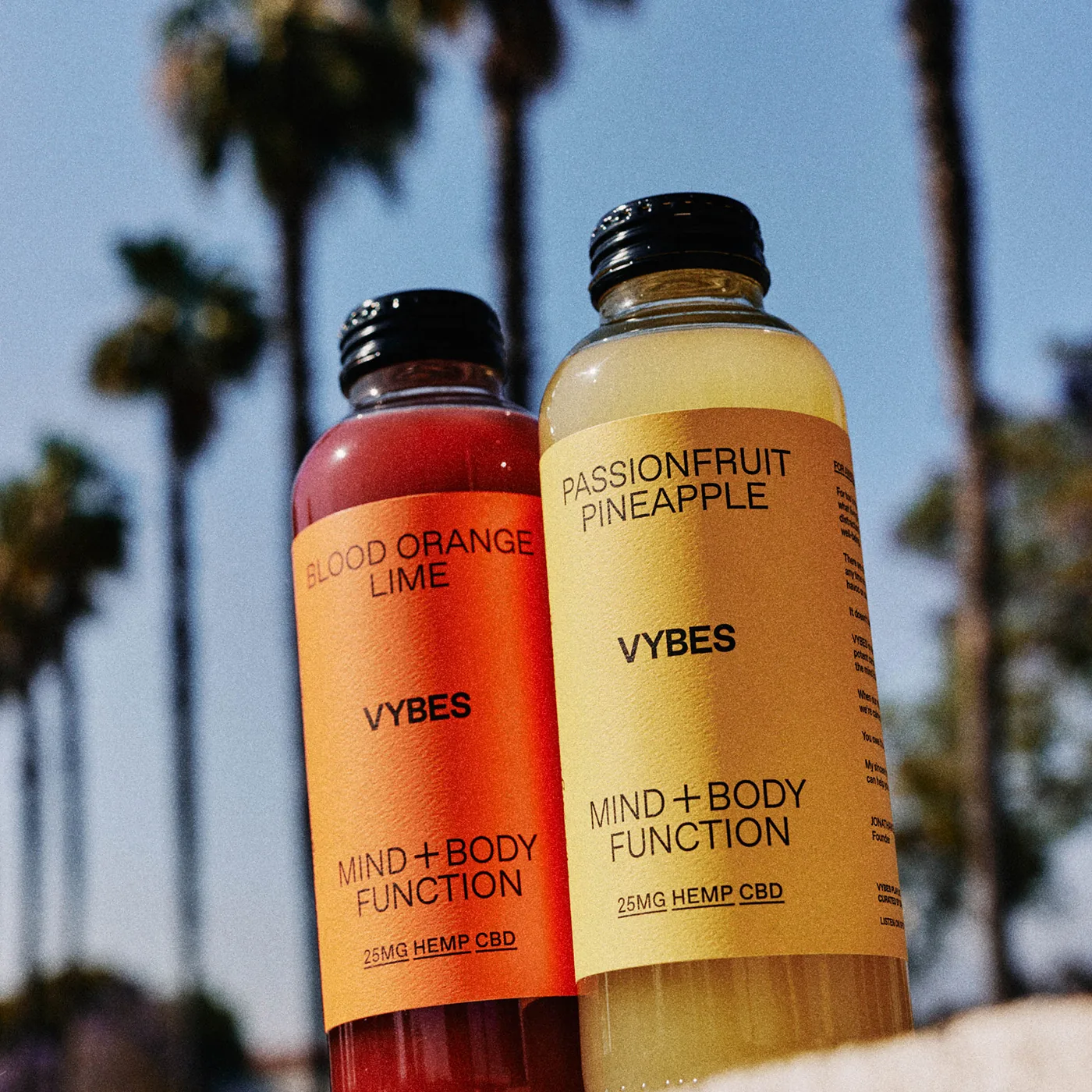 Two bottles of Vybes drinks held up against palm trees.