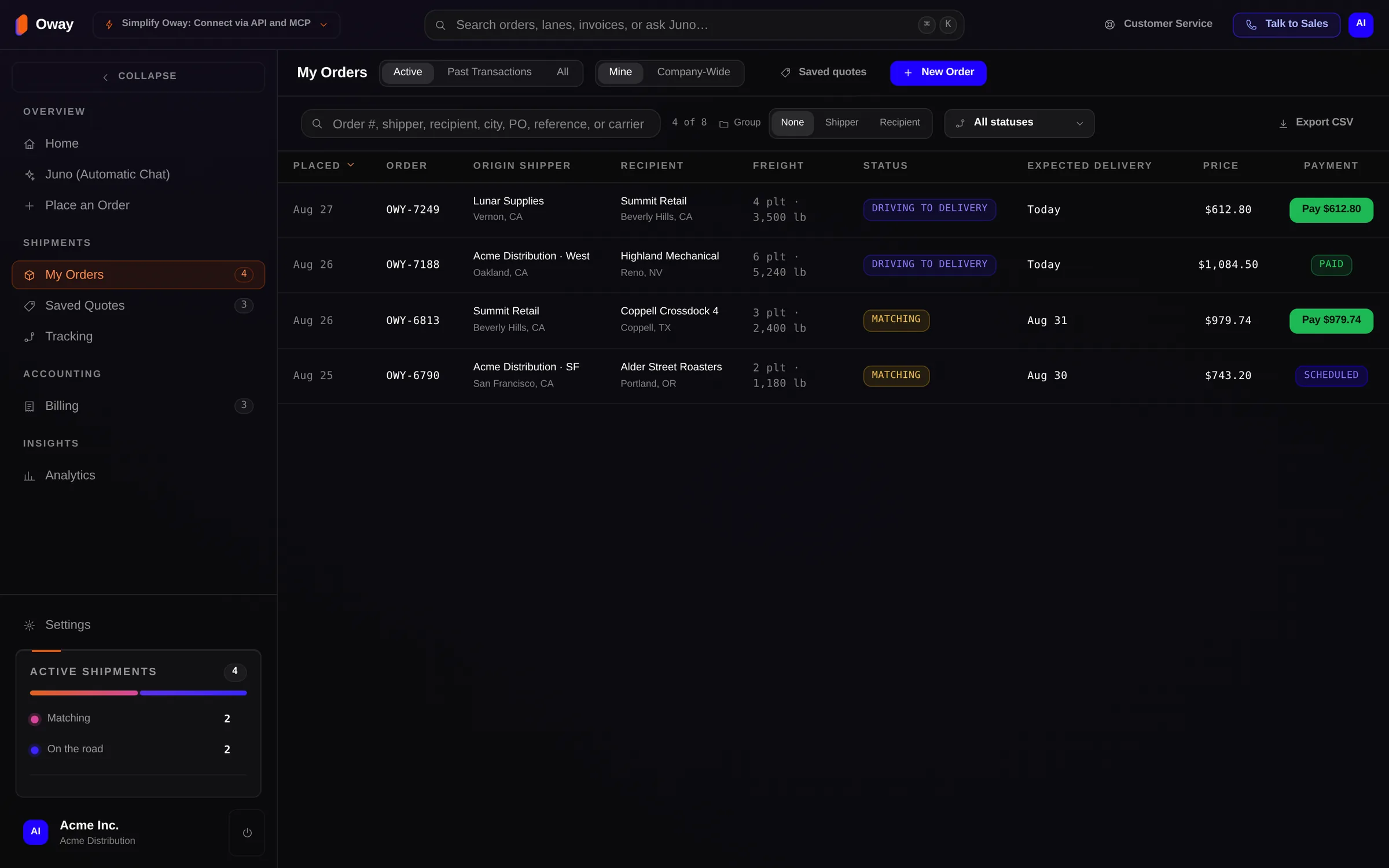 The Oway OS orders list with status, pickup and delivery for each order.