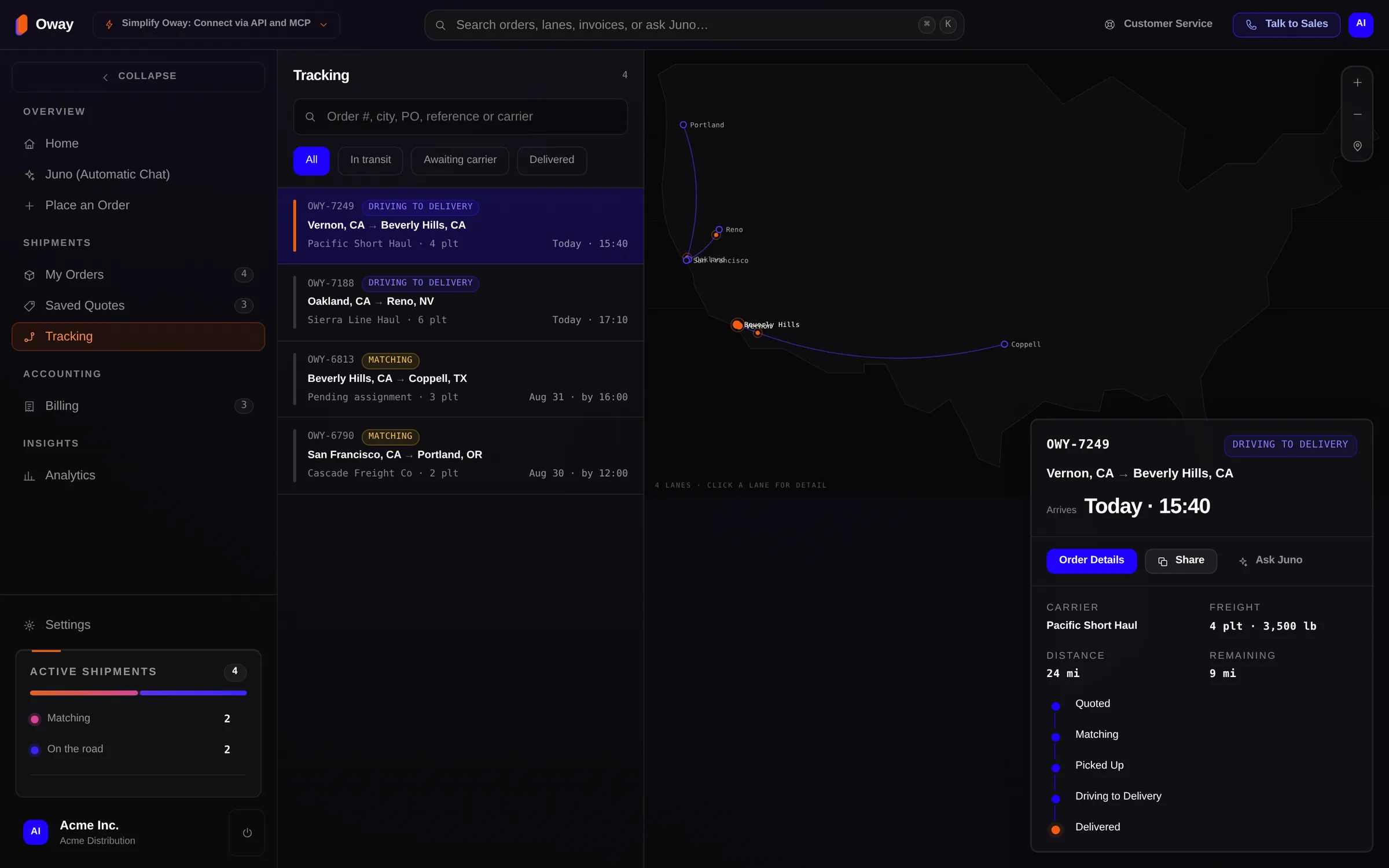 Live tracking of active loads on a map in Oway OS.